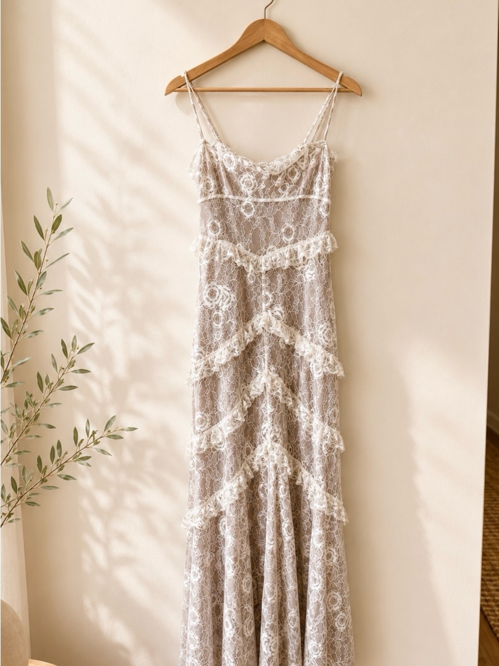 Lace Ruffled Slip Maxi Dress in Ivory - Picture 3 of 4